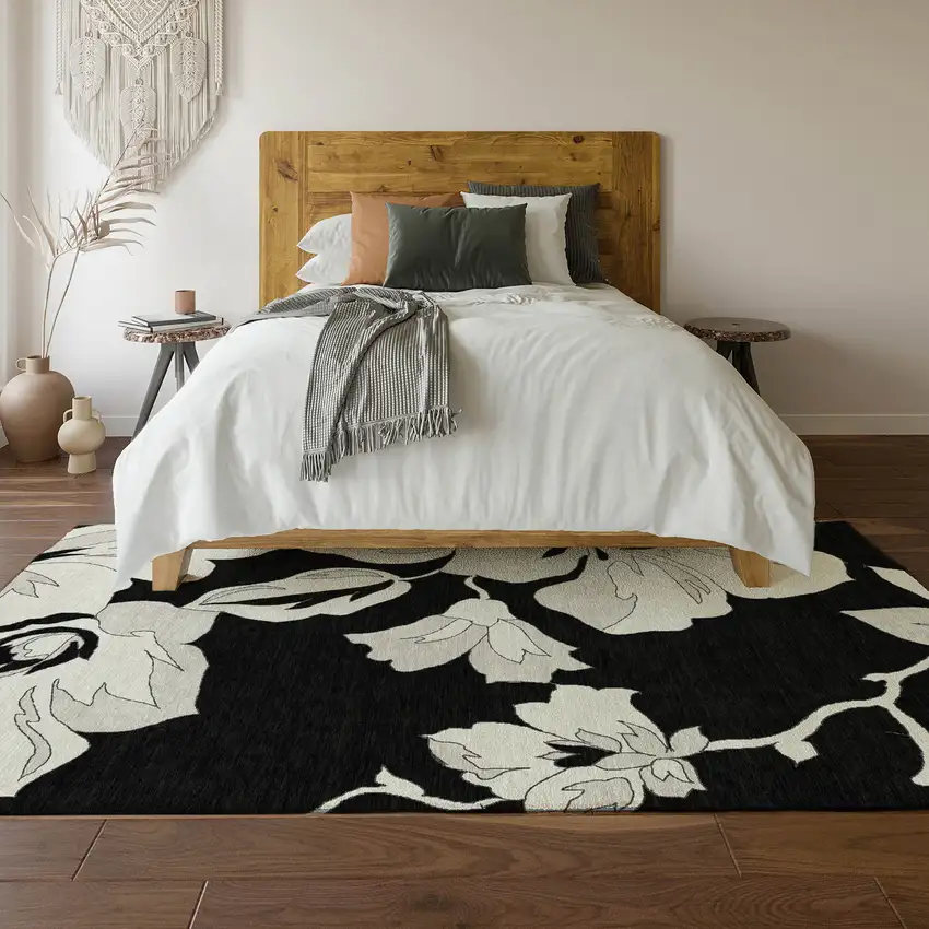 Black And Ivory Floral Washable Area Rug With UV Protection Photo 6