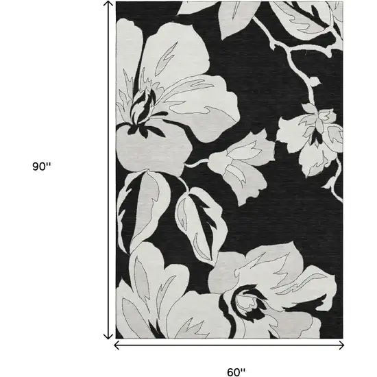 Black And Ivory Floral Washable Area Rug With UV Protection Photo 9