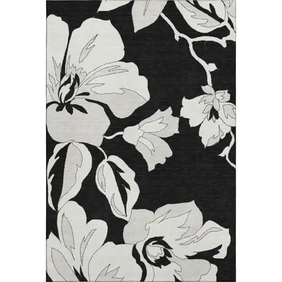 Black And Ivory Floral Washable Area Rug With UV Protection Photo 1