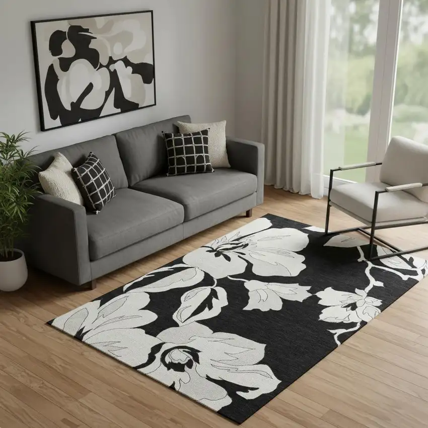 Black And Ivory Floral Washable Area Rug With UV Protection Photo 1