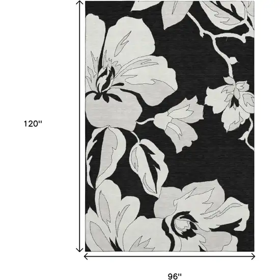 Black And Ivory Floral Washable Area Rug With UV Protection Photo 8