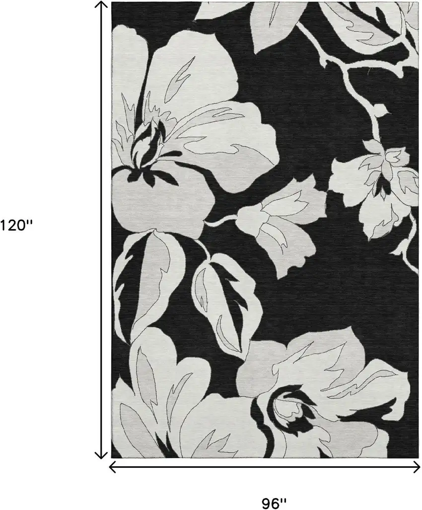 Black And Ivory Floral Washable Area Rug With UV Protection Photo 8