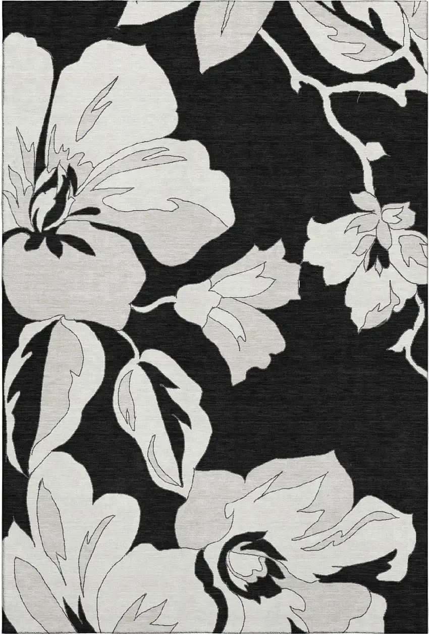 Black And Ivory Floral Washable Area Rug With UV Protection Photo 1
