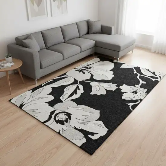 Black And Ivory Floral Washable Area Rug With UV Protection Photo 2