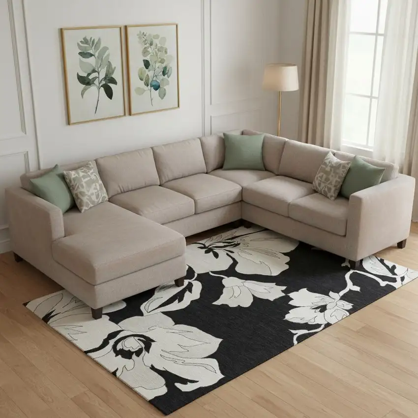 Black And Ivory Floral Washable Area Rug With UV Protection Photo 1