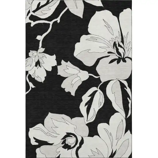 Black And Ivory Floral Washable Area Rug With UV Protection Photo 4