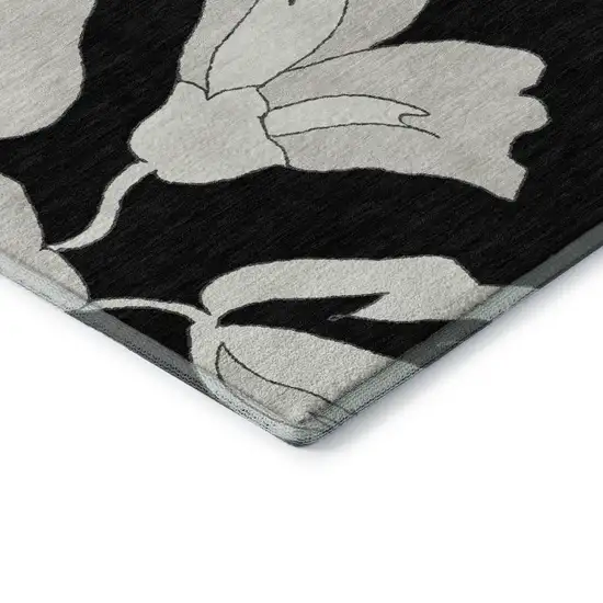 Black And Ivory Floral Washable Area Rug With UV Protection Photo 8