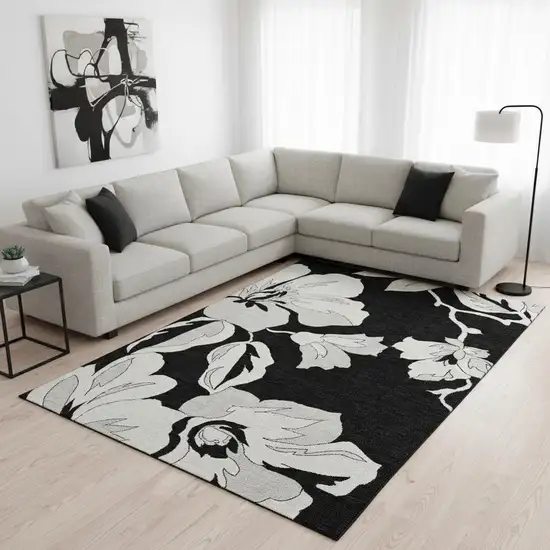 Black And Ivory Floral Washable Area Rug With UV Protection Photo 2