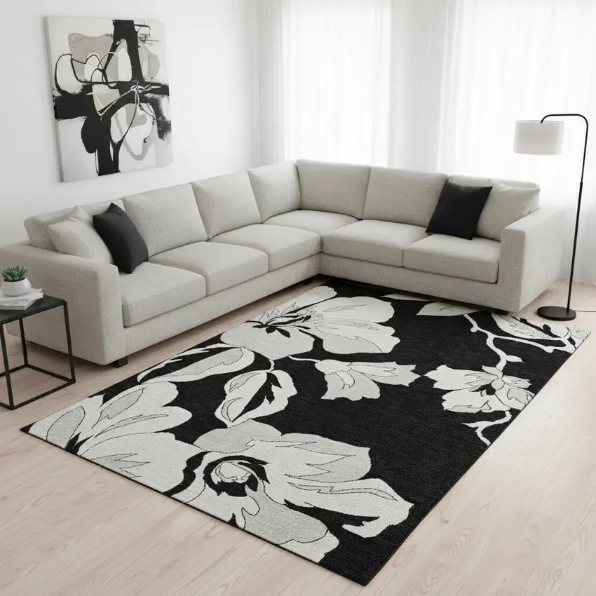 Black And Ivory Floral Washable Area Rug With UV Protection Photo 2