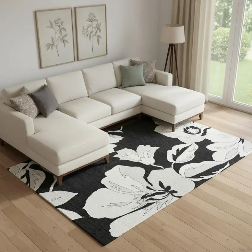 Black And Ivory Floral Washable Area Rug With UV Protection Photo 1
