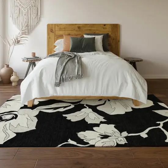 Black And Ivory Floral Washable Area Rug With UV Protection Photo 6