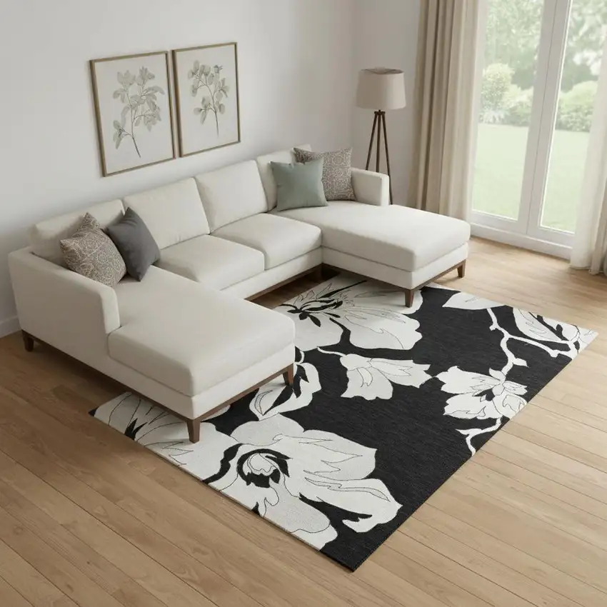 Black And Ivory Floral Washable Area Rug With UV Protection Photo 1