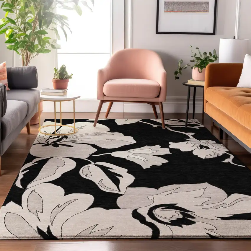 Black And Ivory Floral Washable Area Rug With UV Protection Photo 5