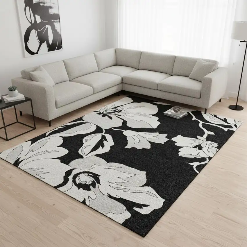 Black And Ivory Floral Washable Area Rug With UV Protection Photo 2
