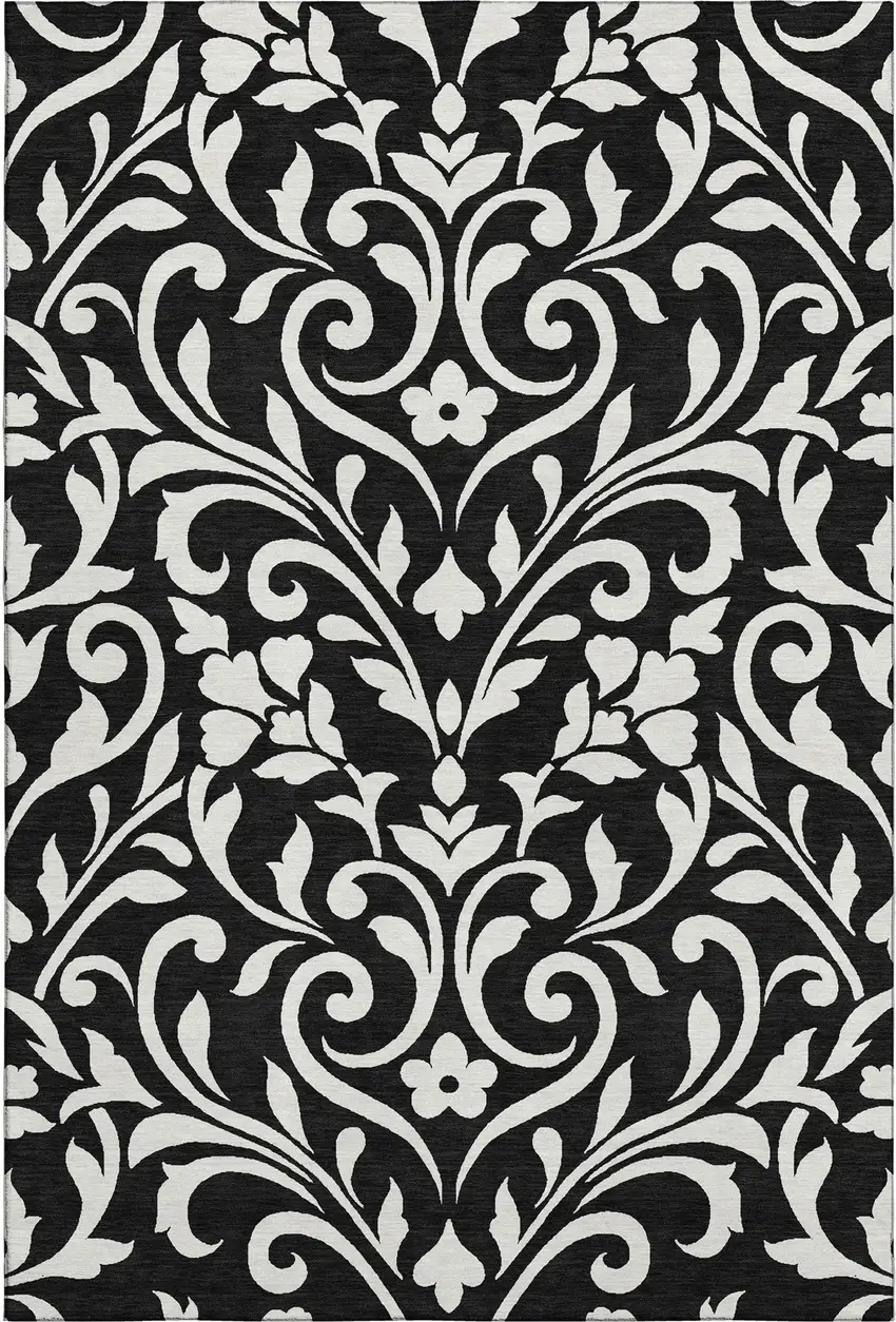 Black And Ivory Floral Washable Area Rug With UV Protection Photo 1
