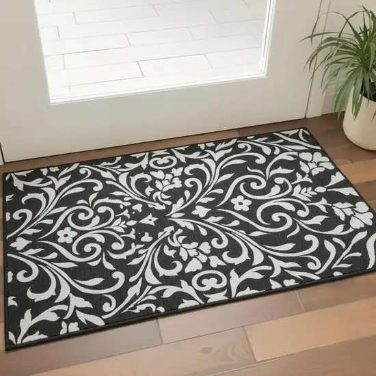 Black And Ivory Floral Washable Area Rug With UV Protection Photo 2