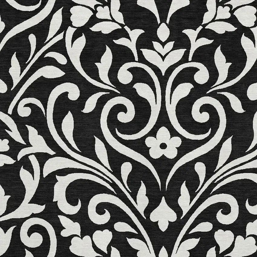 Black And Ivory Floral Washable Area Rug With UV Protection Photo 3