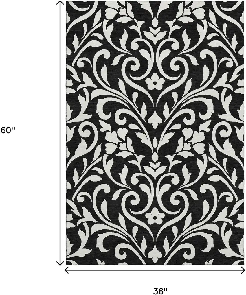 Black And Ivory Floral Washable Area Rug With UV Protection Photo 3