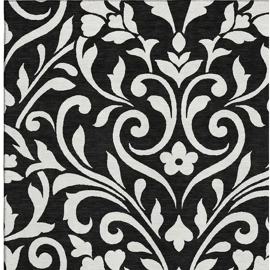 Black And Ivory Floral Washable Area Rug With UV Protection Photo 3