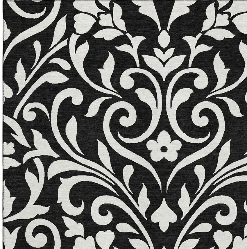 Black And Ivory Floral Washable Area Rug With UV Protection Photo 3