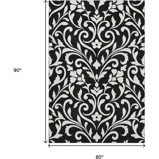 Black And Ivory Floral Washable Area Rug With UV Protection Photo 9