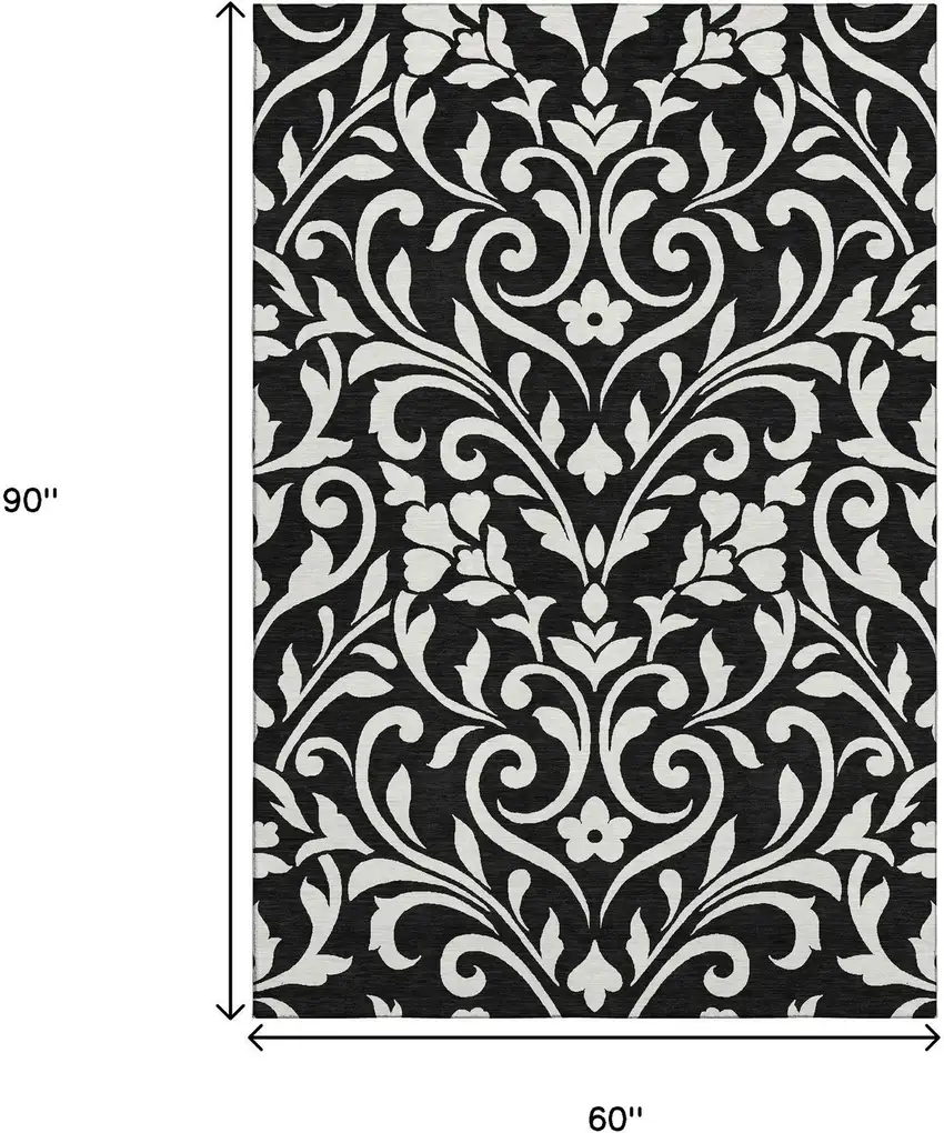 Black And Ivory Floral Washable Area Rug With UV Protection Photo 9