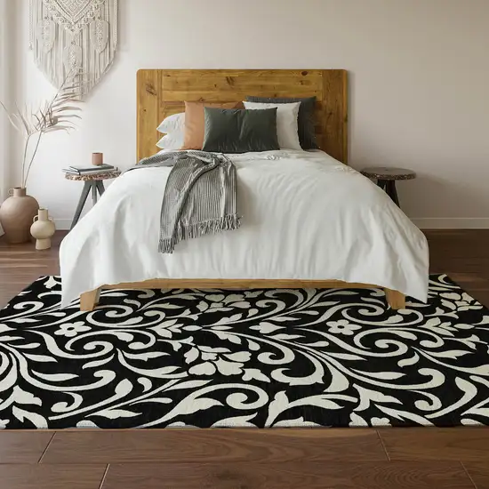 Black And Ivory Floral Washable Area Rug With UV Protection Photo 6