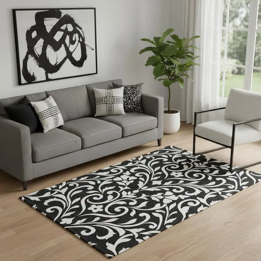 Black And Ivory Floral Washable Area Rug With UV Protection Photo 1