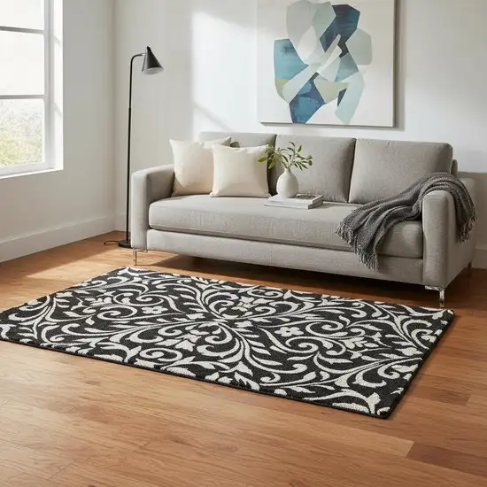 Black And Ivory Floral Washable Area Rug With UV Protection Photo 2
