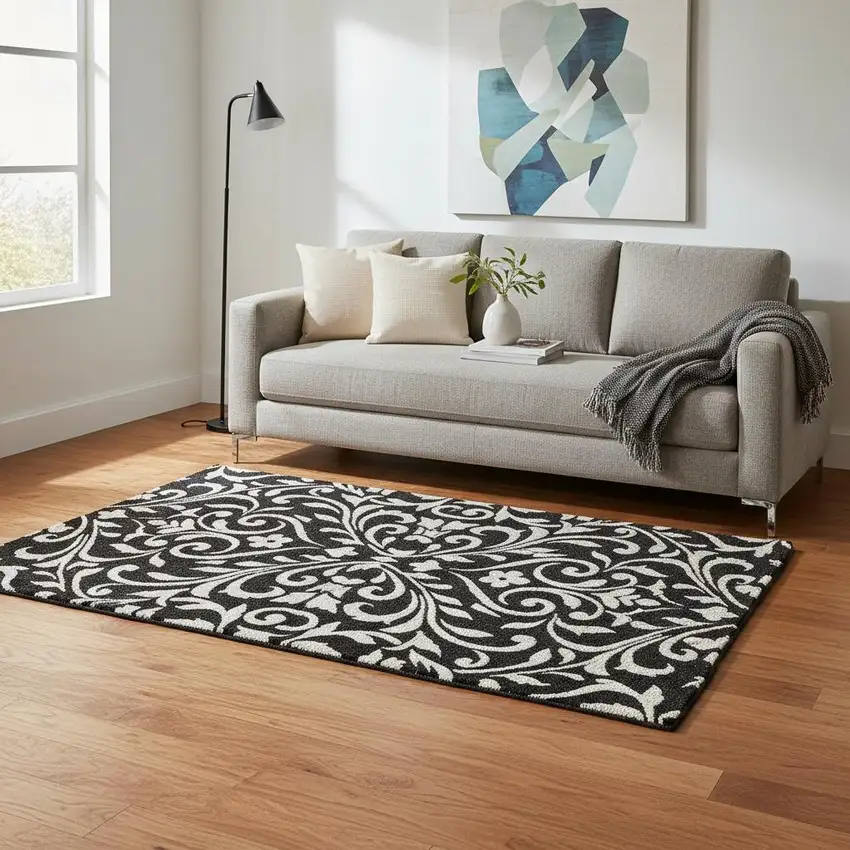 Black And Ivory Floral Washable Area Rug With UV Protection Photo 2