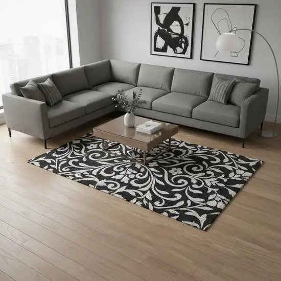 Black And Ivory Floral Washable Area Rug With UV Protection Photo 2