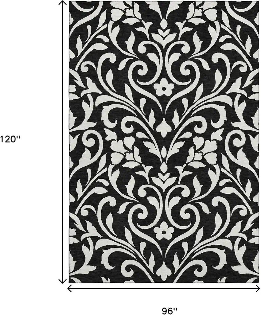 Black And Ivory Floral Washable Area Rug With UV Protection Photo 9