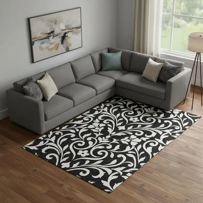 Black And Ivory Floral Washable Area Rug With UV Protection Photo 1
