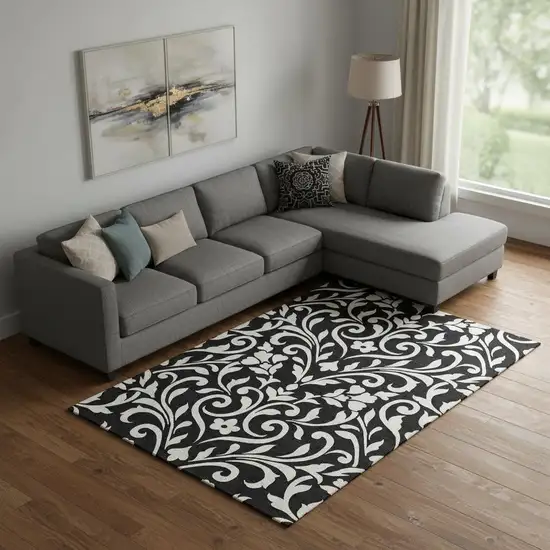 Black And Ivory Floral Washable Area Rug With UV Protection Photo 1