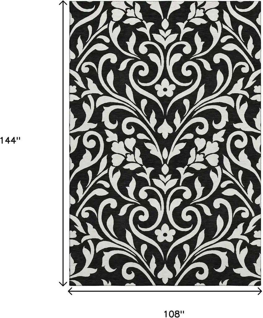 Black And Ivory Floral Washable Area Rug With UV Protection Photo 9
