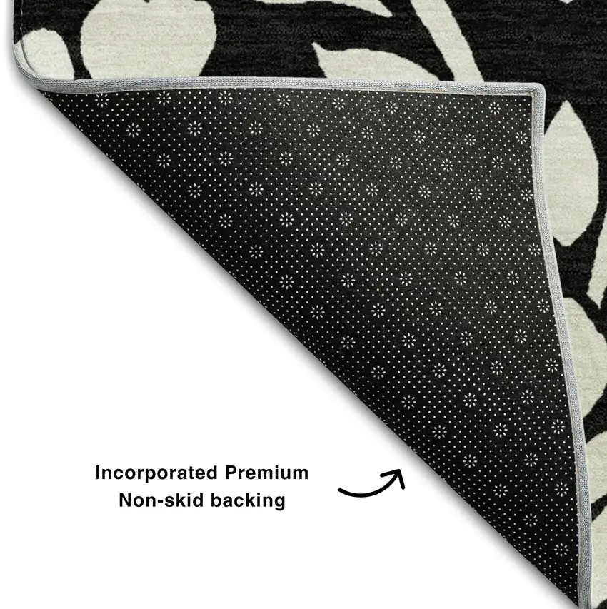 Black And Ivory Floral Washable Area Rug With UV Protection Photo 7
