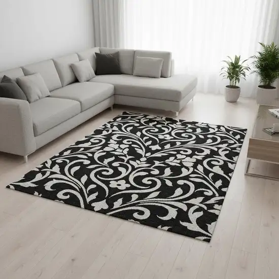 Black And Ivory Floral Washable Area Rug With UV Protection Photo 2