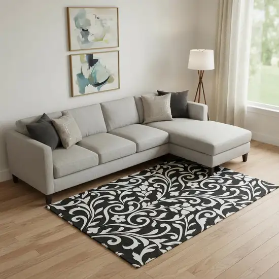 Black And Ivory Floral Washable Area Rug With UV Protection Photo 1