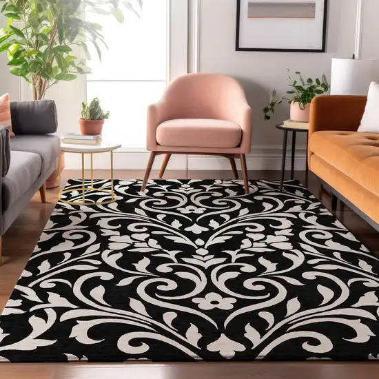 Black And Ivory Floral Washable Area Rug With UV Protection Photo 5