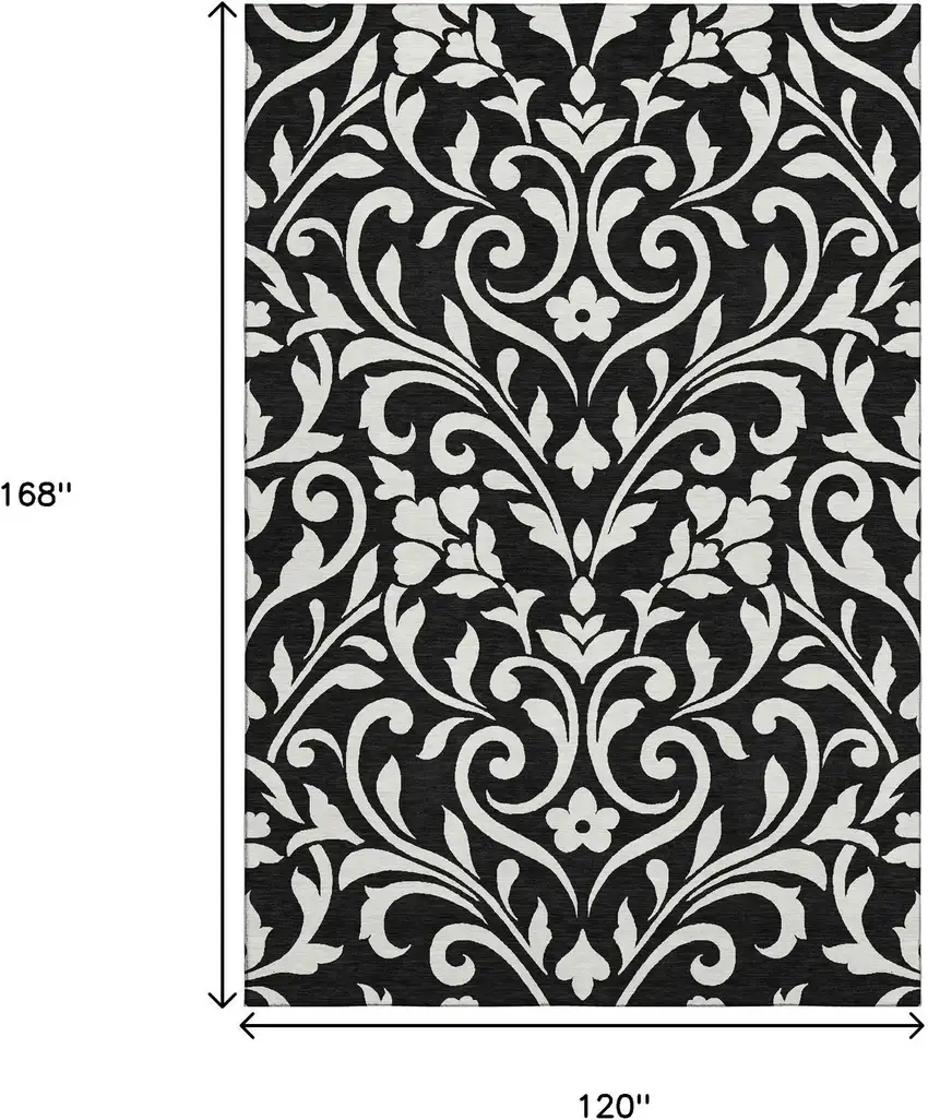 Black And Ivory Floral Washable Area Rug With UV Protection Photo 9