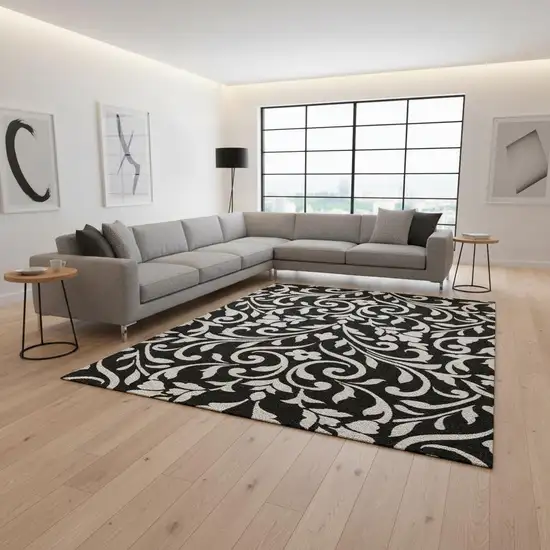 Black And Ivory Floral Washable Area Rug With UV Protection Photo 2