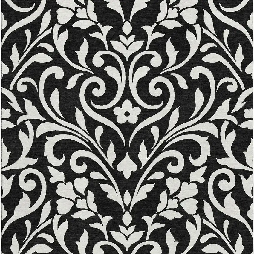 Black And Ivory Floral Washable Area Rug With UV Protection Photo 4