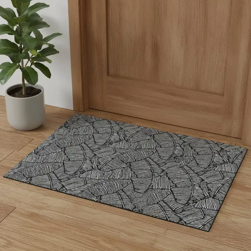 Black And Ivory Floral Washable Area Rug With UV Protection Photo 1