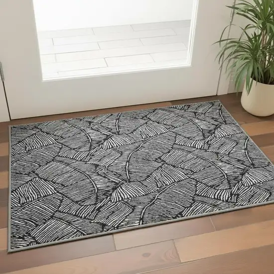 Black And Ivory Floral Washable Area Rug With UV Protection Photo 2