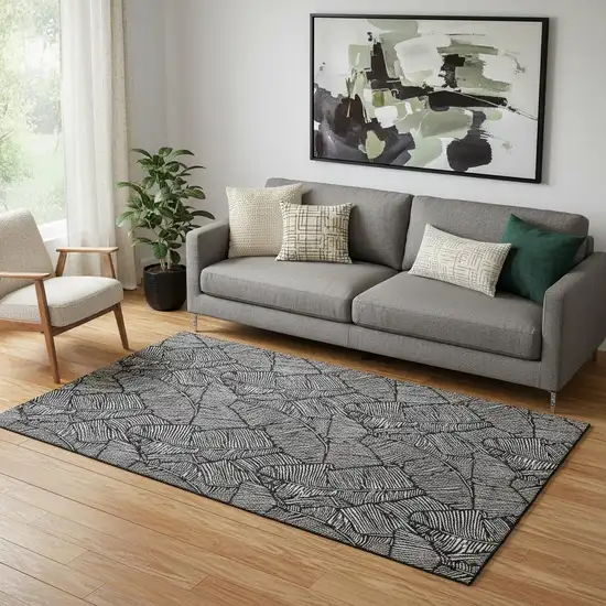 Black And Ivory Floral Washable Area Rug With UV Protection Photo 1