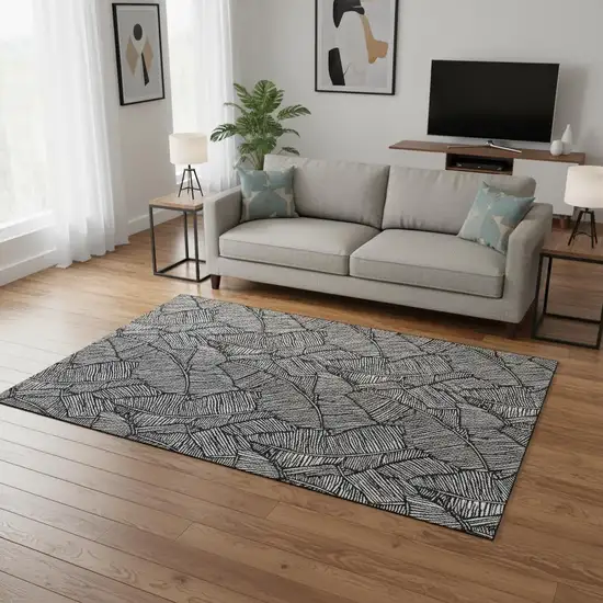 Black And Ivory Floral Washable Area Rug With UV Protection Photo 2