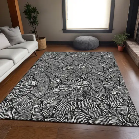 Black And Ivory Floral Washable Area Rug With UV Protection Photo 6