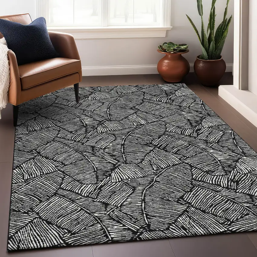 Black And Ivory Floral Washable Area Rug With UV Protection Photo 5