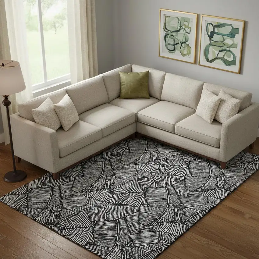 Black And Ivory Floral Washable Area Rug With UV Protection Photo 1