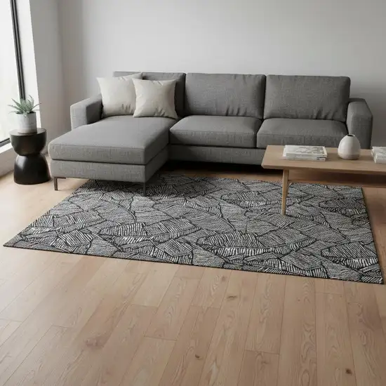 Black And Ivory Floral Washable Area Rug With UV Protection Photo 2